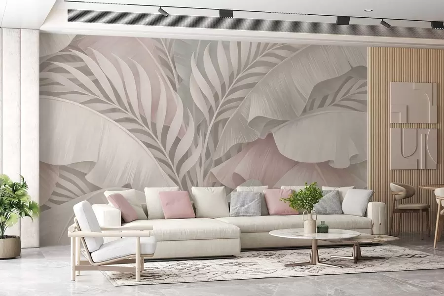 wall murals large tropical leaves in cool shades of pink and grey w05062v1