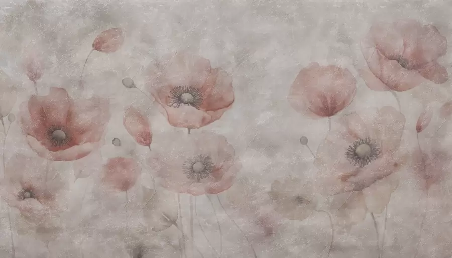 peintures murales Grandes fleurs de pavot sur un mur avec un effet antique w09686