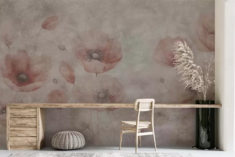Wall Mural Photo Wallpaper Large poppy flowers on a wall with an antique effect w09686