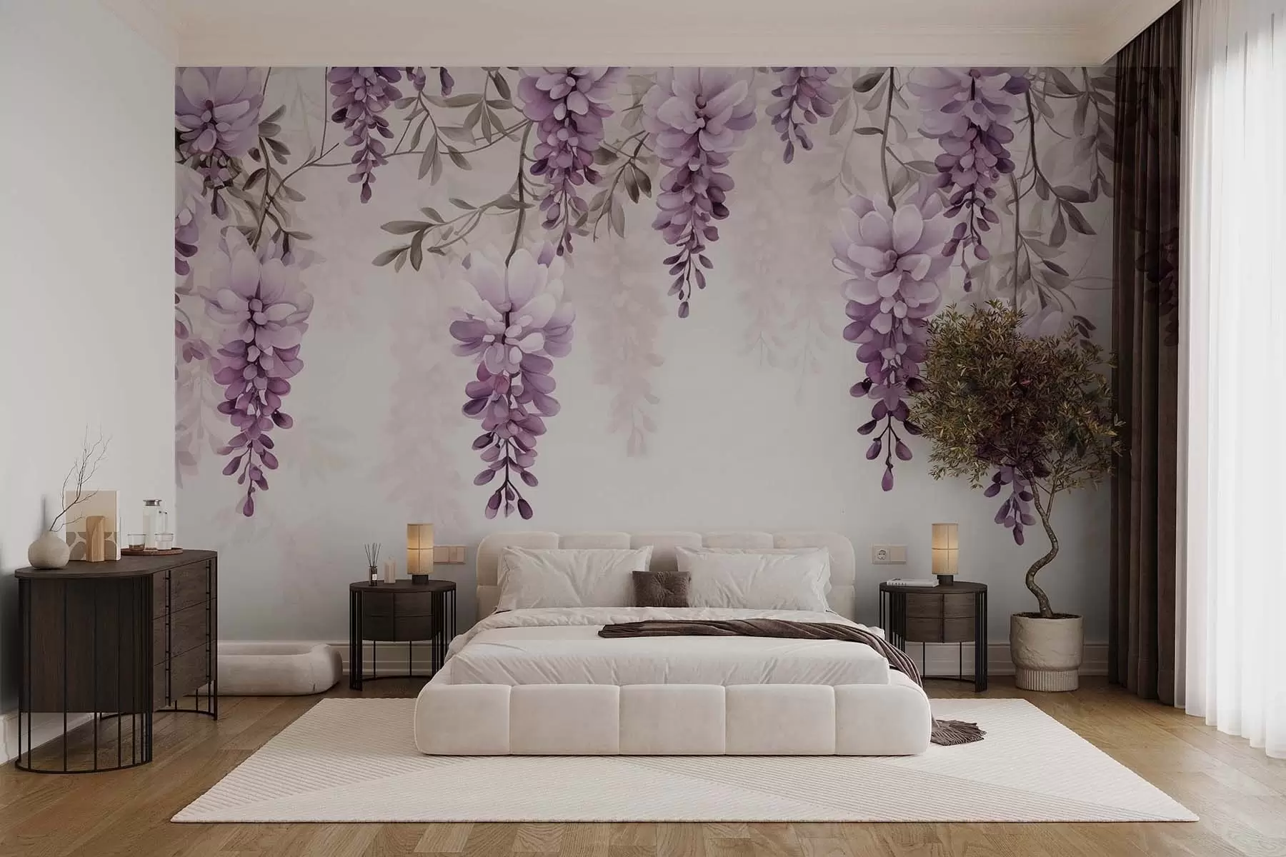 wall murals Delicate, large lavender branches hanging on the wall, imitation watercolor w09690