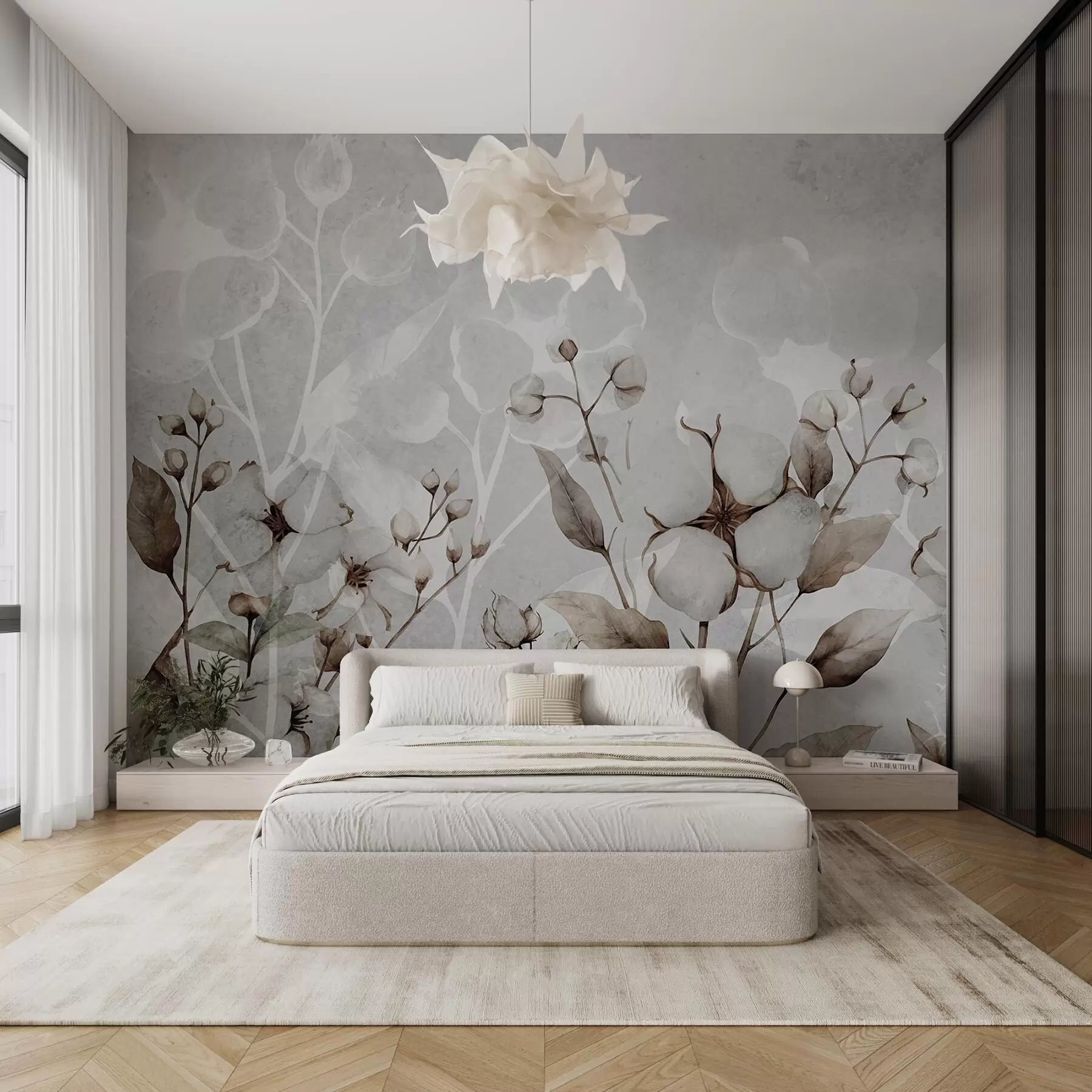 Wall Mural Photo Wallpaper Large cotton flowers on a light gray background w09691