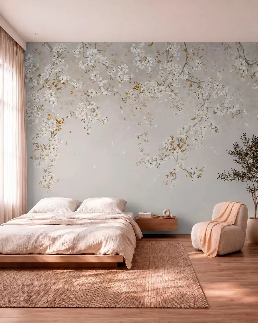 peintures murales Branches avec des fleurs blanches sur un fond beige clair w05129