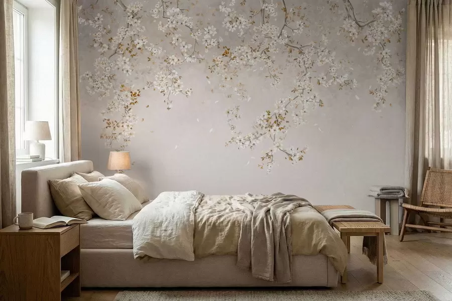 Wall Mural Photo Wallpaper Branches with white blossoms on a soft beige background w05129