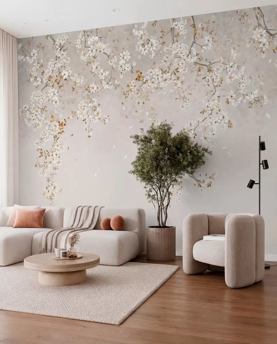 Wall Mural Photo Wallpaper Branches with white blossoms on a soft beige background w05129