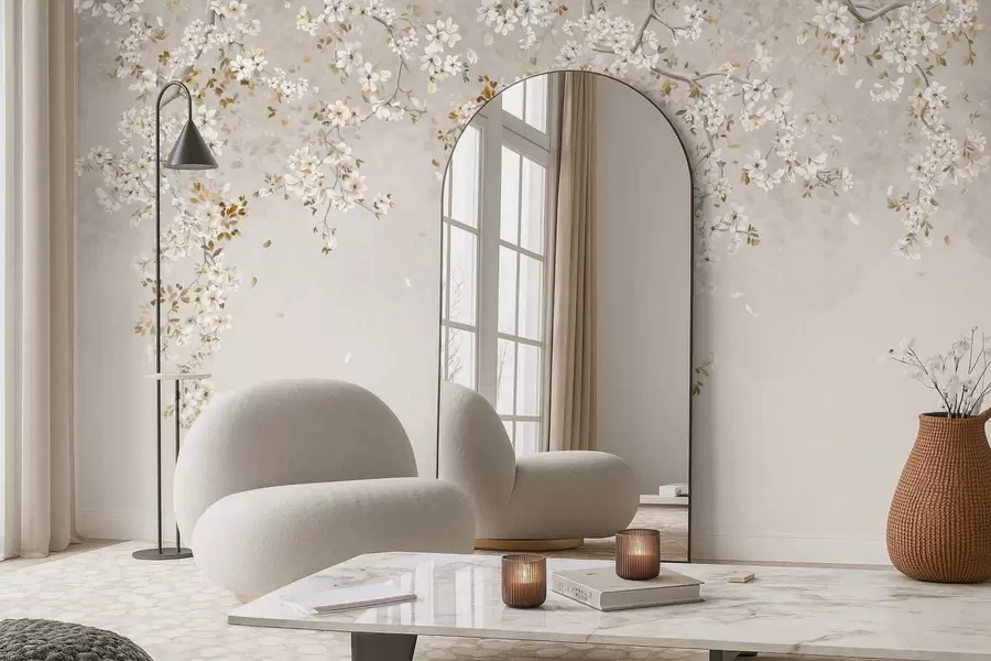Wall Mural Photo Wallpaper Branches with white blossoms on a soft beige background w05129