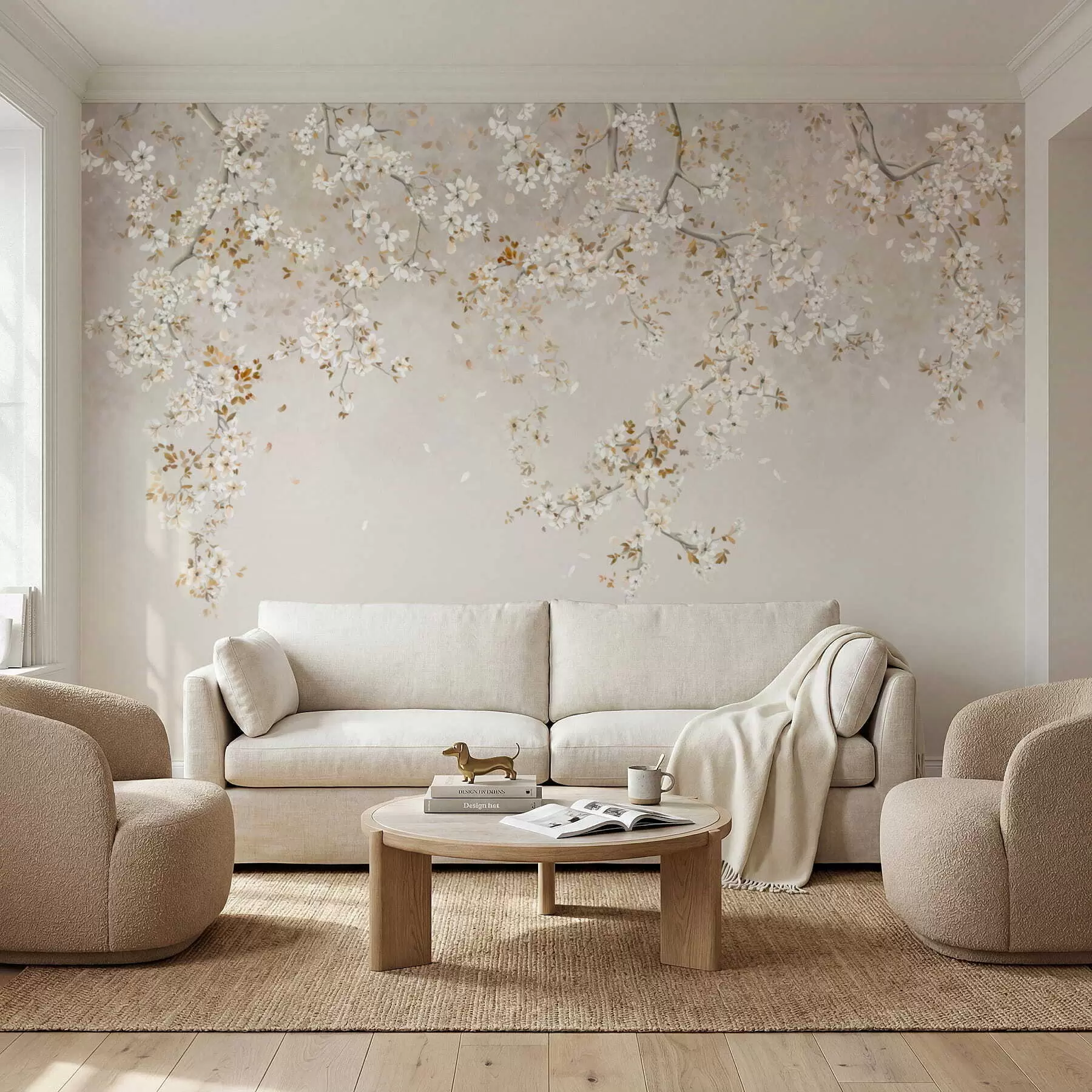 murais de parede Ramos com flores brancas sobre um fundo bege suave w05129
