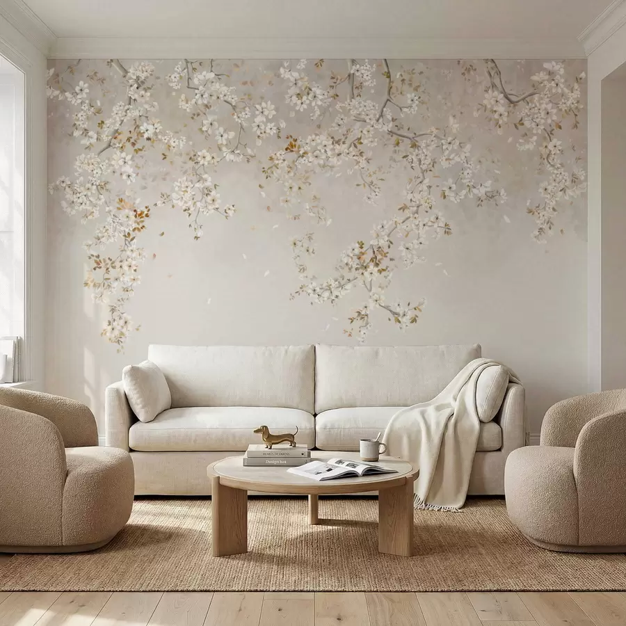 Wall Mural Photo Wallpaper Branches with white blossoms on a soft beige background w05129