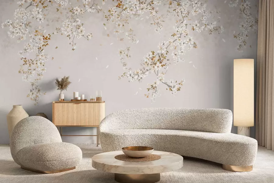 murales Ramas con flores blancas sobre un fondo beige suave. w05129