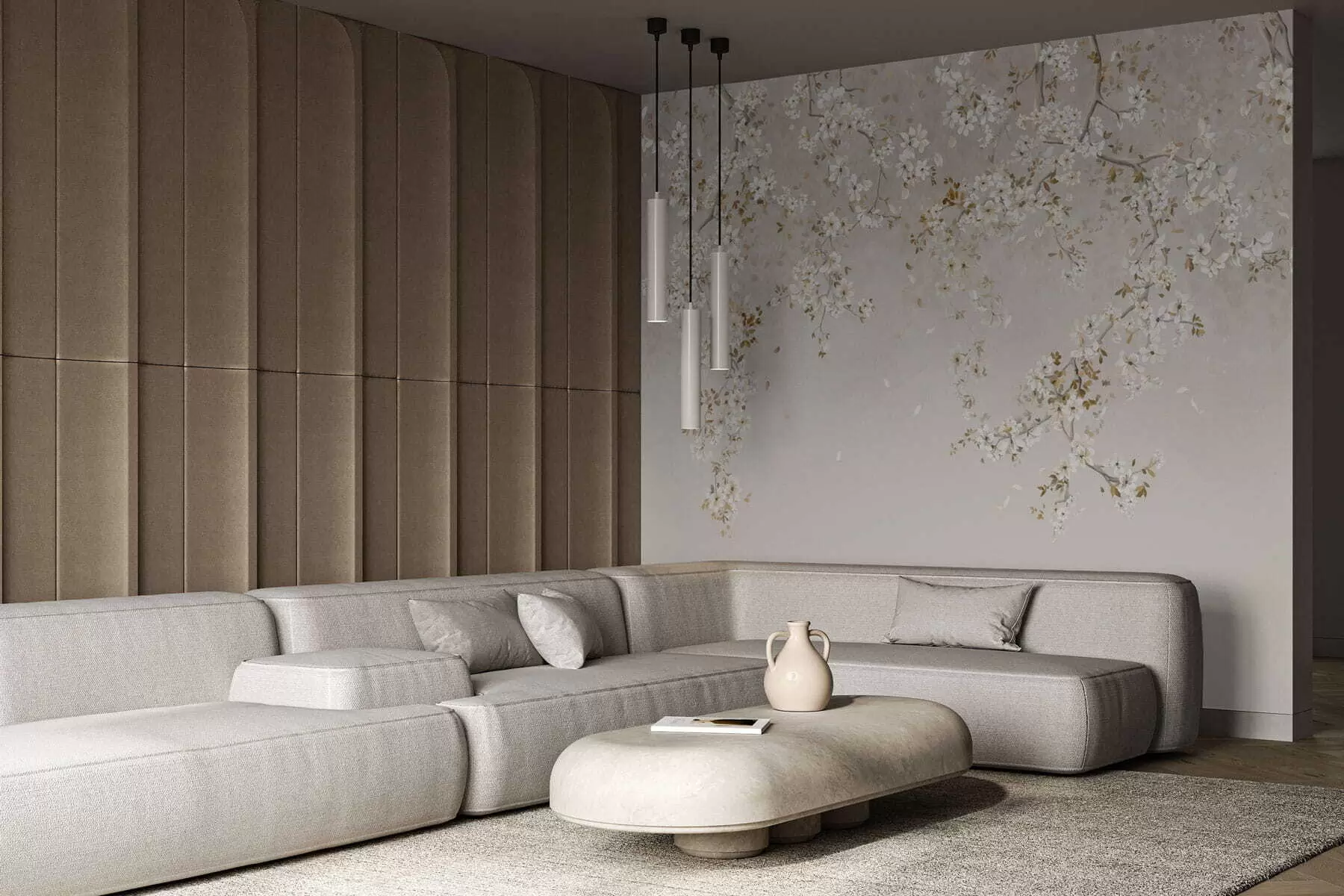 peintures murales Branches avec des fleurs blanches sur un fond beige clair w05129