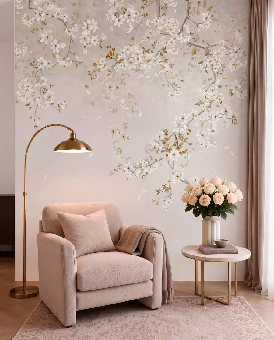 Wall Mural Photo Wallpaper Branches with white blossoms on a soft beige background w05129