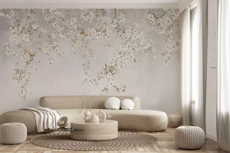 Wall Mural Photo Wallpaper Branches with white blossoms on a soft beige background w05129