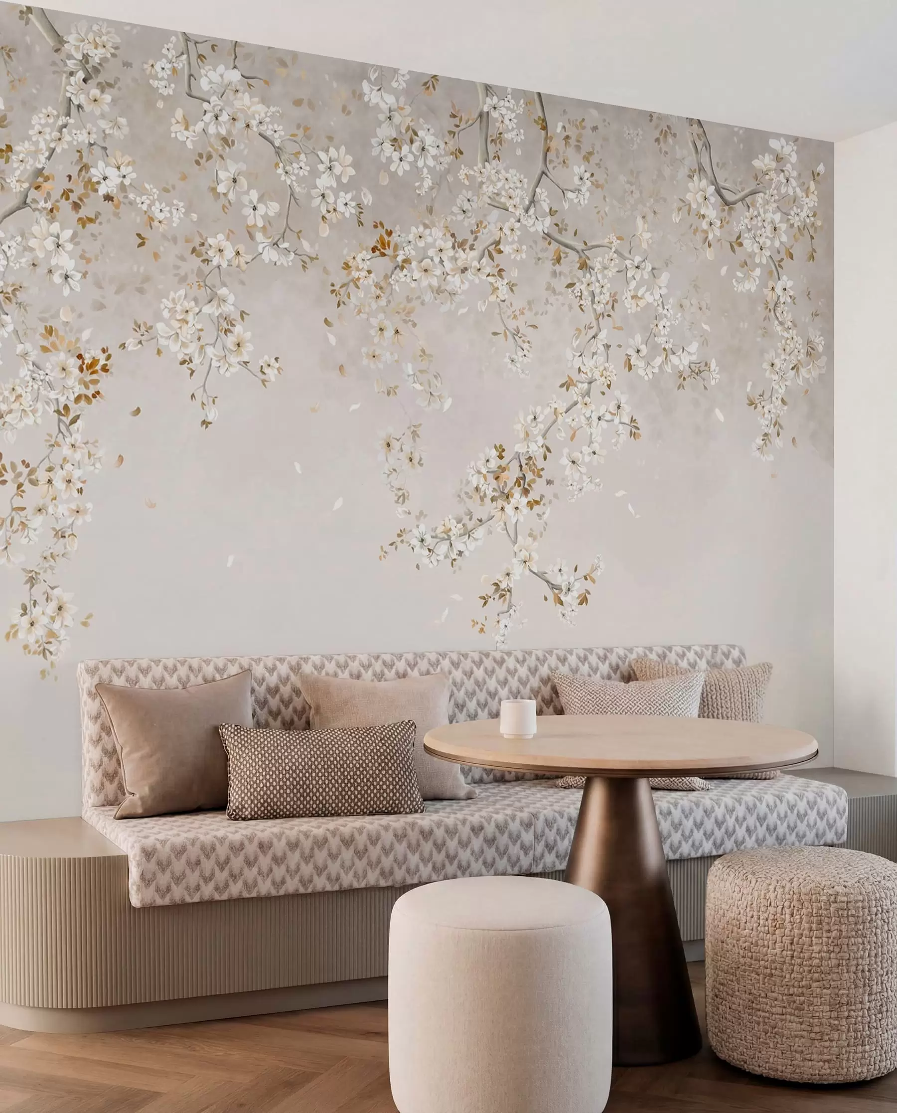 peintures murales Branches avec des fleurs blanches sur un fond beige clair w05129