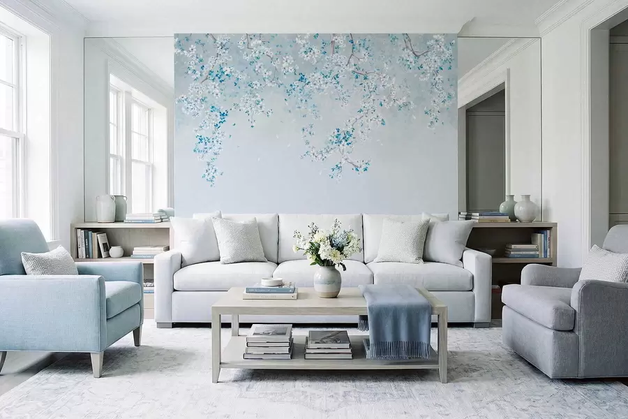 Wall Mural Photo Wallpaper Branches with white and blue blossoms on a cool background w05129v2