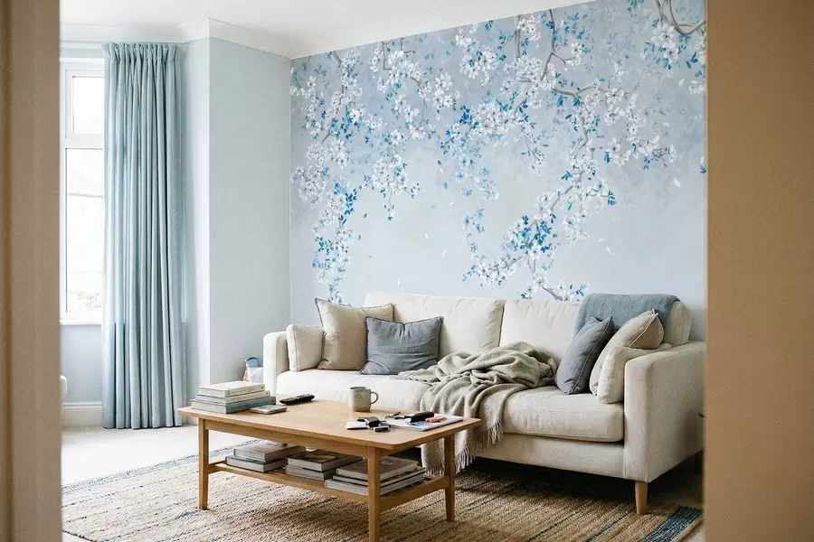 Wall Mural Photo Wallpaper Branches with white and blue blossoms on a cool background w05129v2