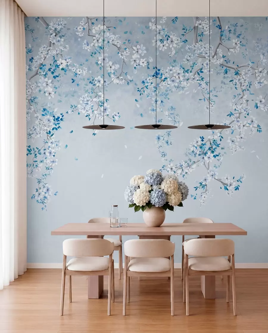 wall murals Branches with white and blue blossoms on a cool background w05129v2