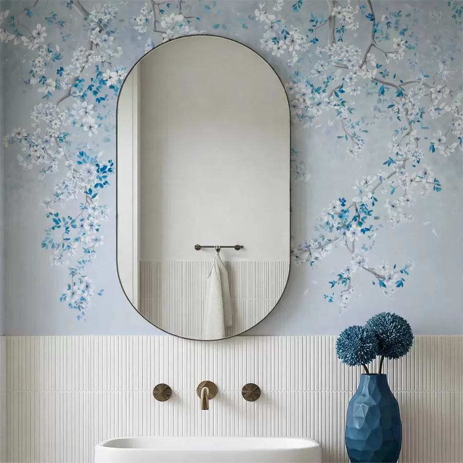 wall murals Branches with white and blue blossoms on a cool background w05129v2