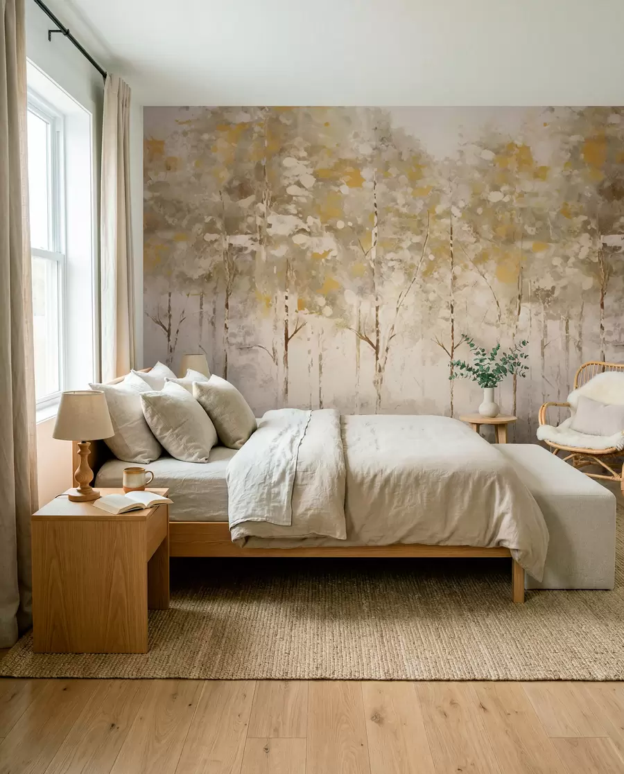 Wall Mural Photo Wallpaper Stylized forest with slender trees in warm tones w05221