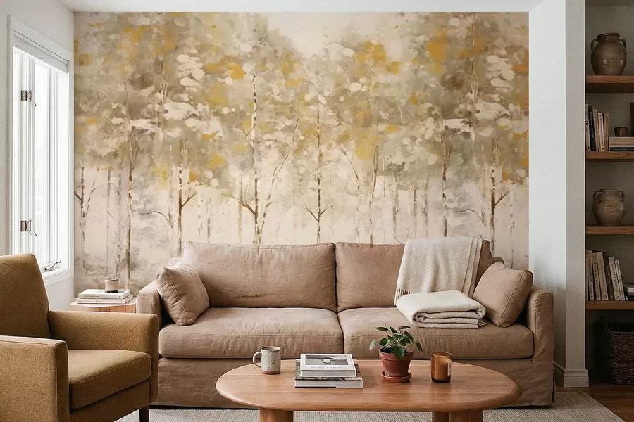 Wall Mural Photo Wallpaper Stylized forest with slender trees in warm tones w05221