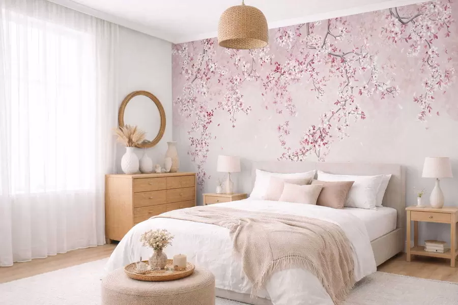 murales Ramitas con flores rosas sobre un fondo pastel suave. w05129v1