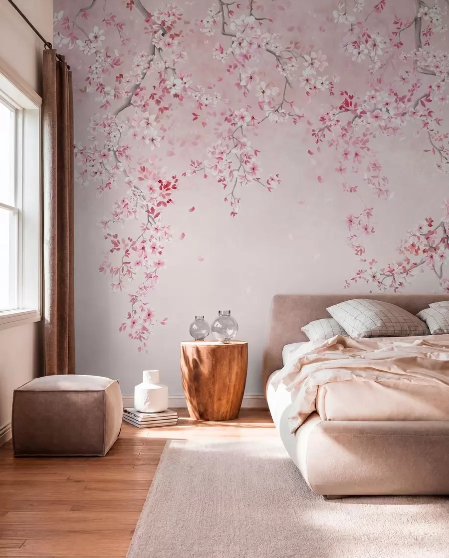murales Ramitas con flores rosas sobre un fondo pastel suave. w05129v1