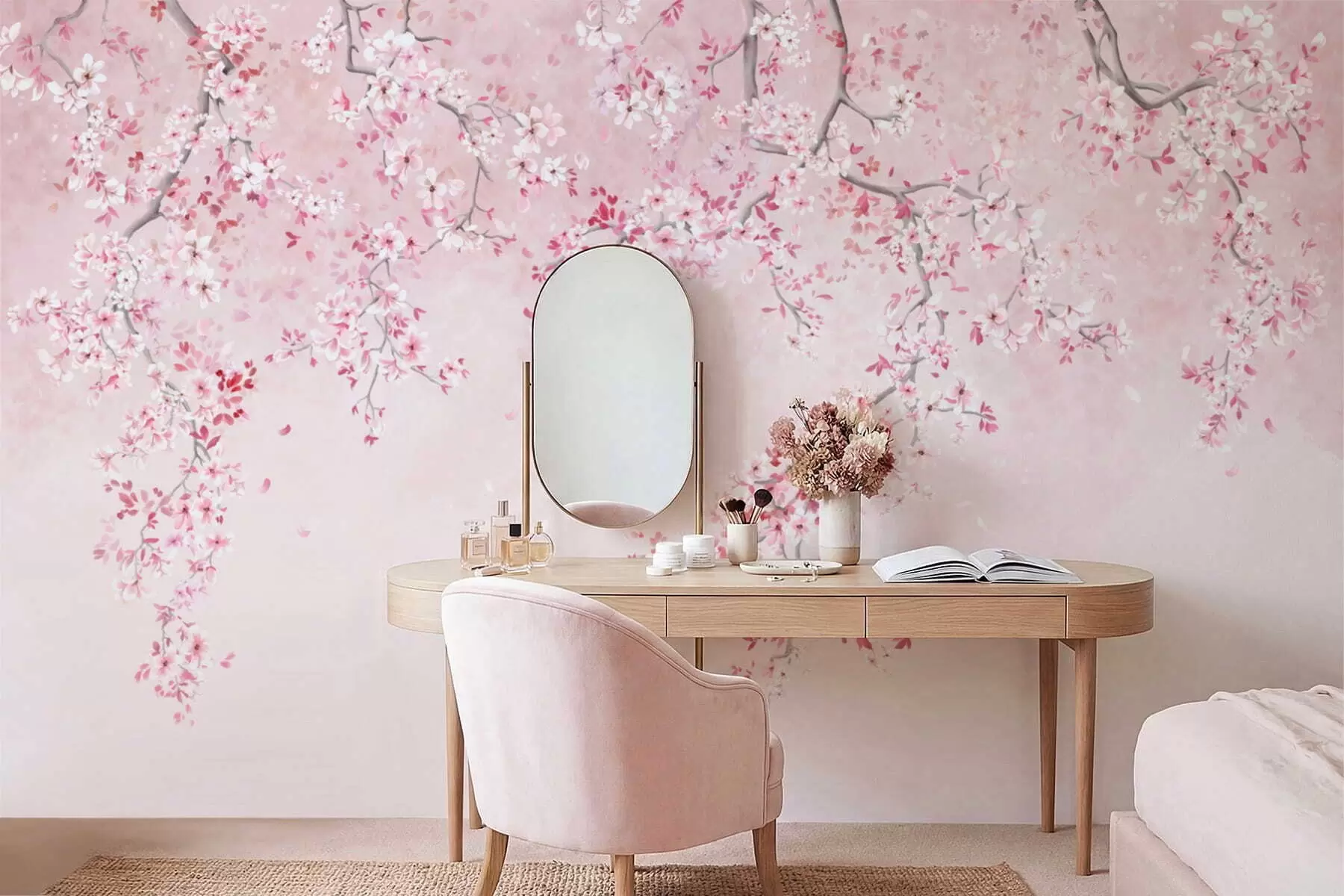 peintures murales Branches avec des fleurs roses sur un fond pastel doux w05129v1