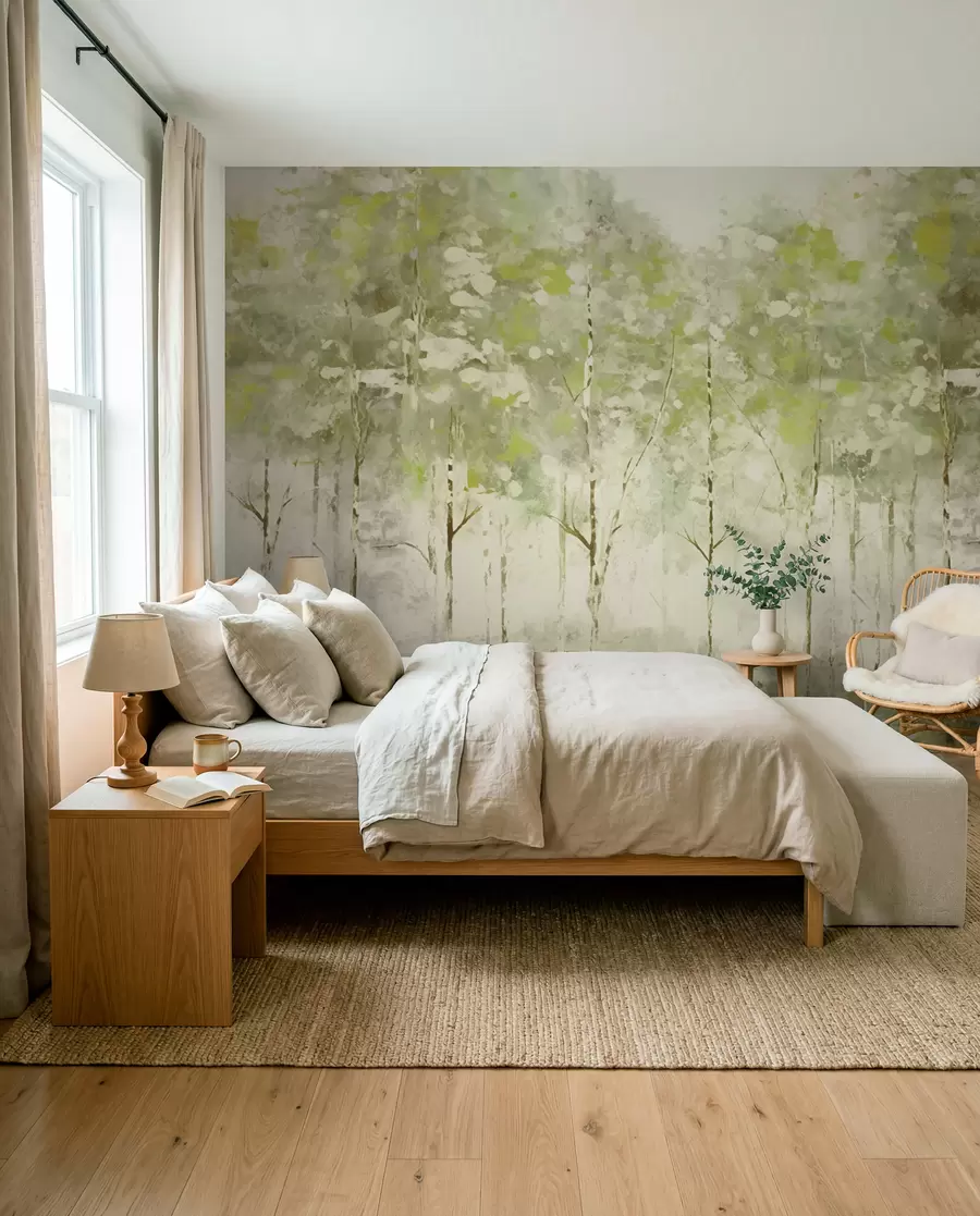 Wall Mural Photo Wallpaper Stylized forest with slender trees in green tones w05221v1