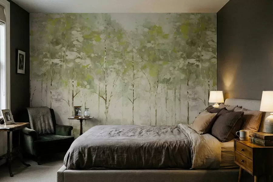 murales Bosque estilizado con árboles esbeltos en tonos verdes. w05221v1