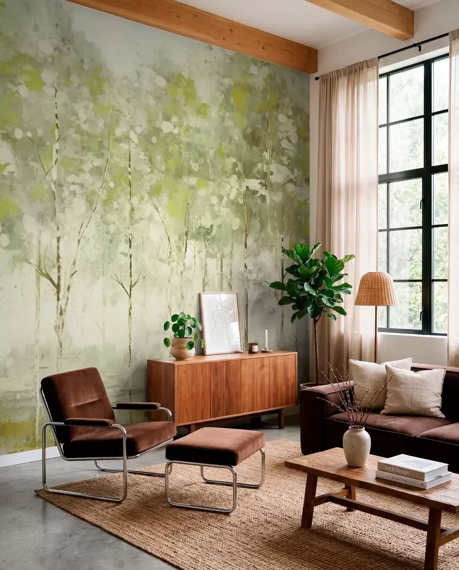 wall murals Stylized forest with slender trees in green tones w05221v1