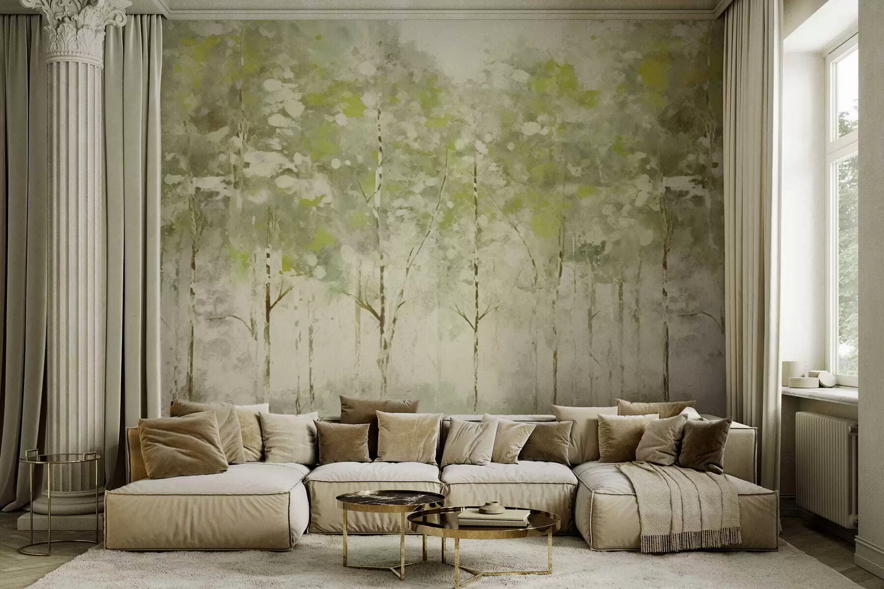 wall murals Stylized forest with slender trees in green tones w05221v1