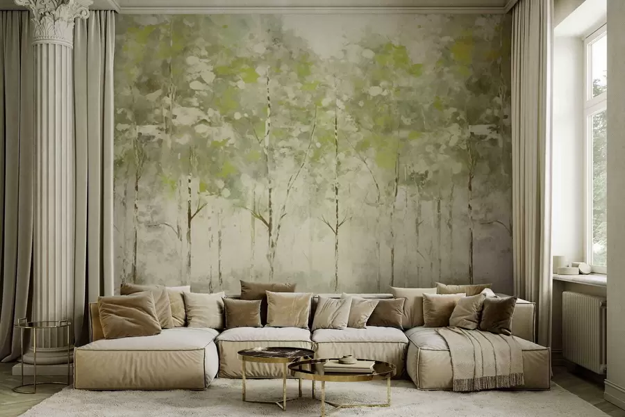 murales Bosque estilizado con árboles esbeltos en tonos verdes. w05221v1