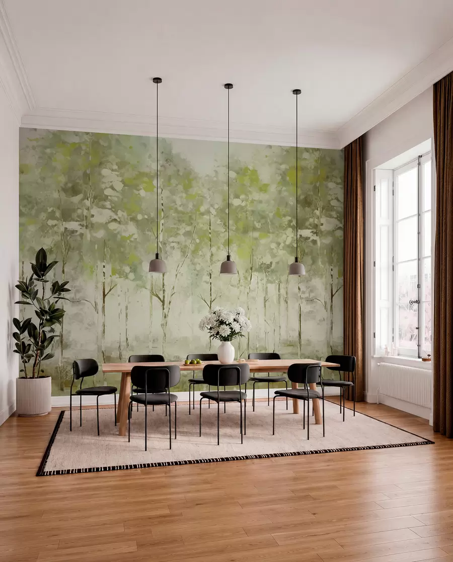 Wall Mural Photo Wallpaper Stylized forest with slender trees in green tones w05221v1