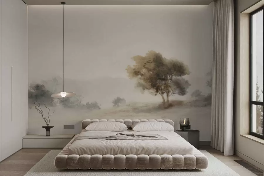 Wall Mural Photo Wallpaper Minimalist landscape with a lone tree in mist w05223