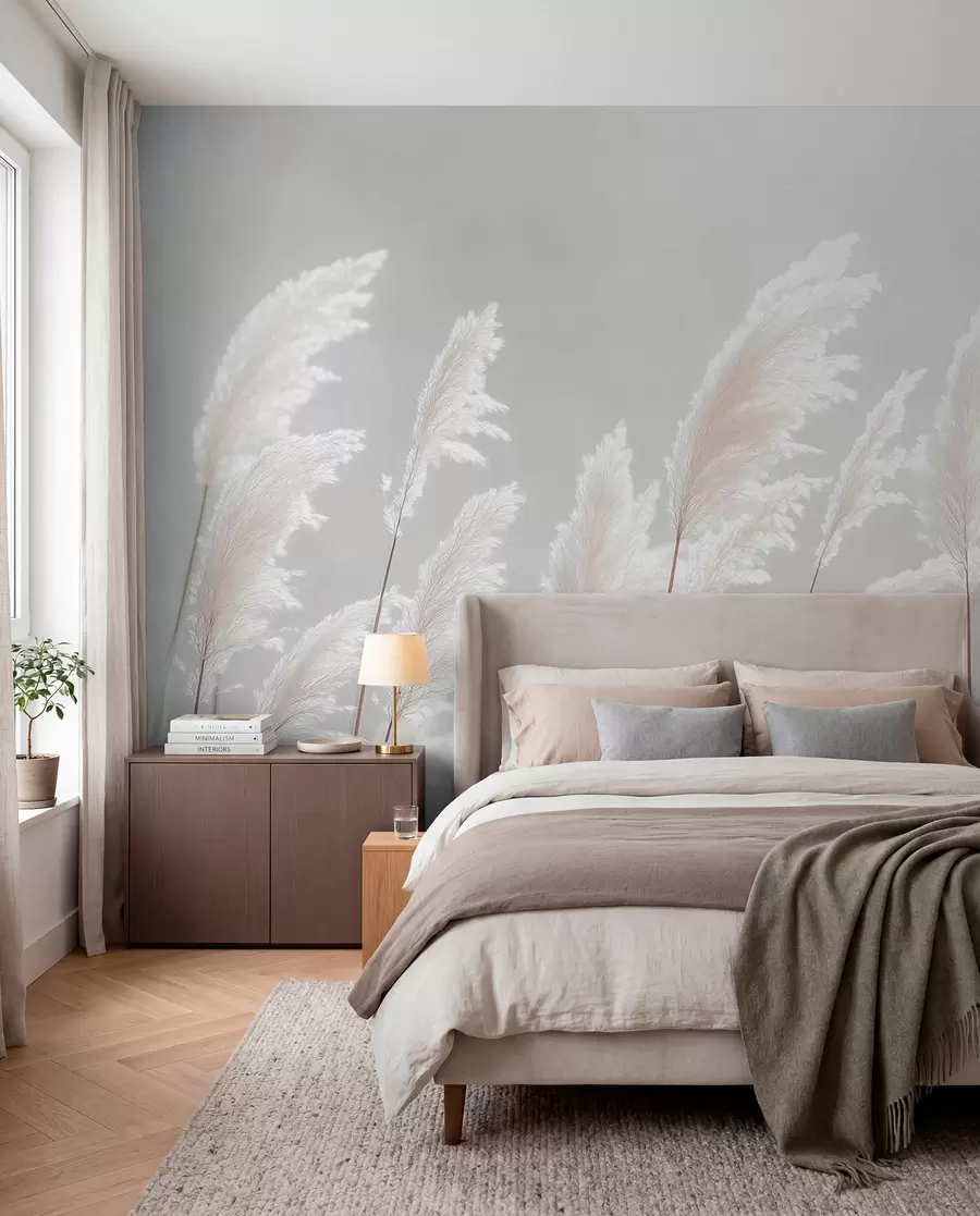 peintures murales Herbe de pampa blanche et douce dans la douce lumière du matin w09717
