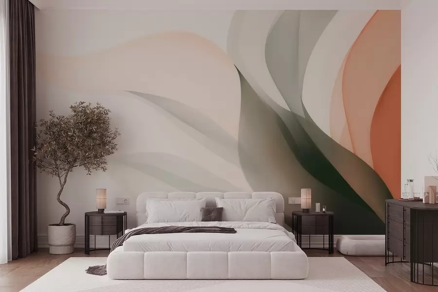peintures murales Vagues abstraites aux tons orange et vert w09718