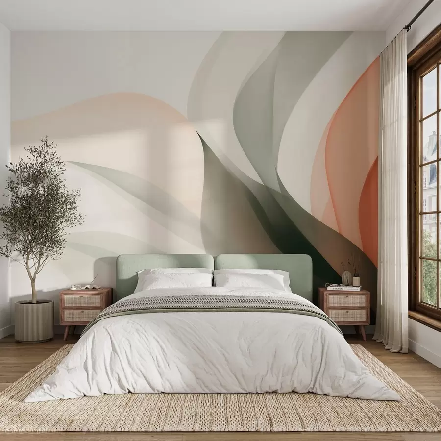 Wall Mural Photo Wallpaper Abstract pastel waves in orange and green tones w09718