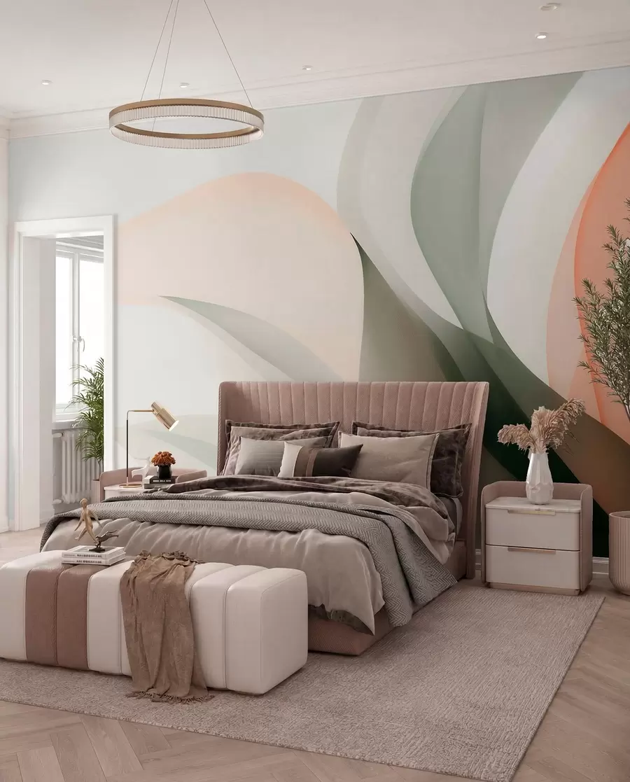 Wall Mural Photo Wallpaper Abstract pastel waves in orange and green tones w09718