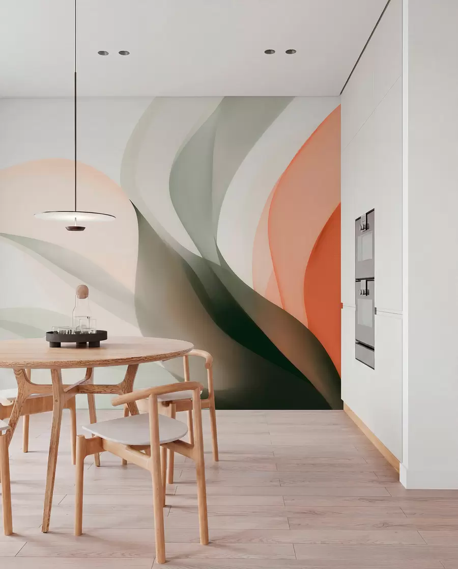 wall murals Abstract pastel waves in orange and green tones w09718