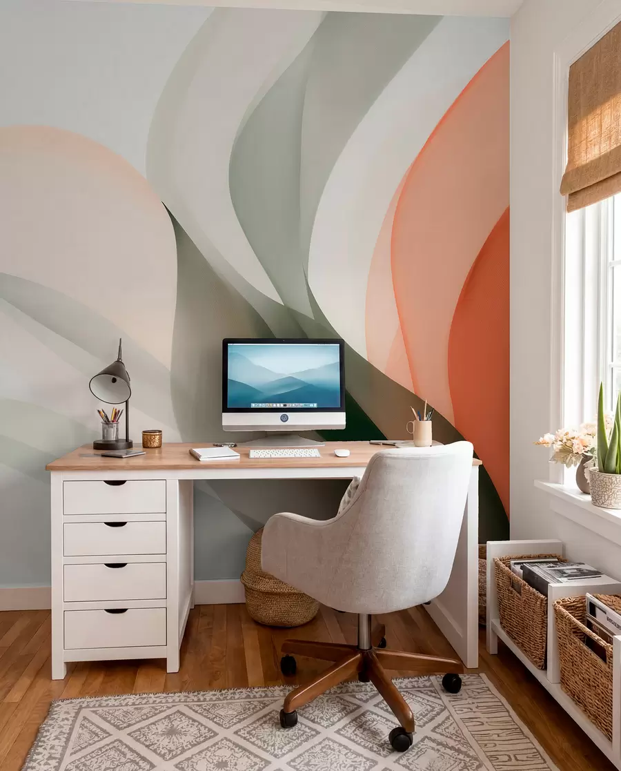 Wall Mural Photo Wallpaper Abstract pastel waves in orange and green tones w09718