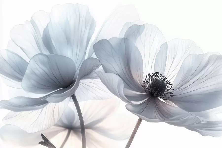 murales Flores translúcidas de color blanco azulado sobre un fondo claro. w09720