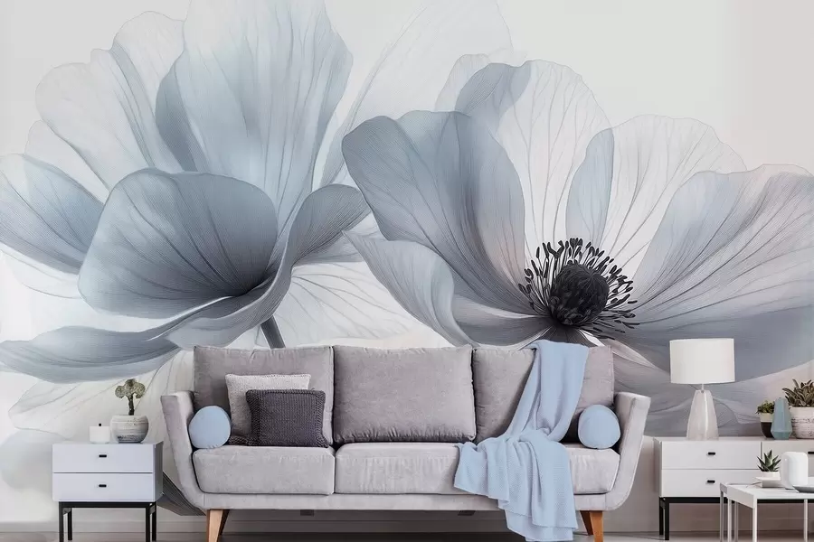 Wall Mural Photo Wallpaper Translucent bluish-white flowers on a light background w09720