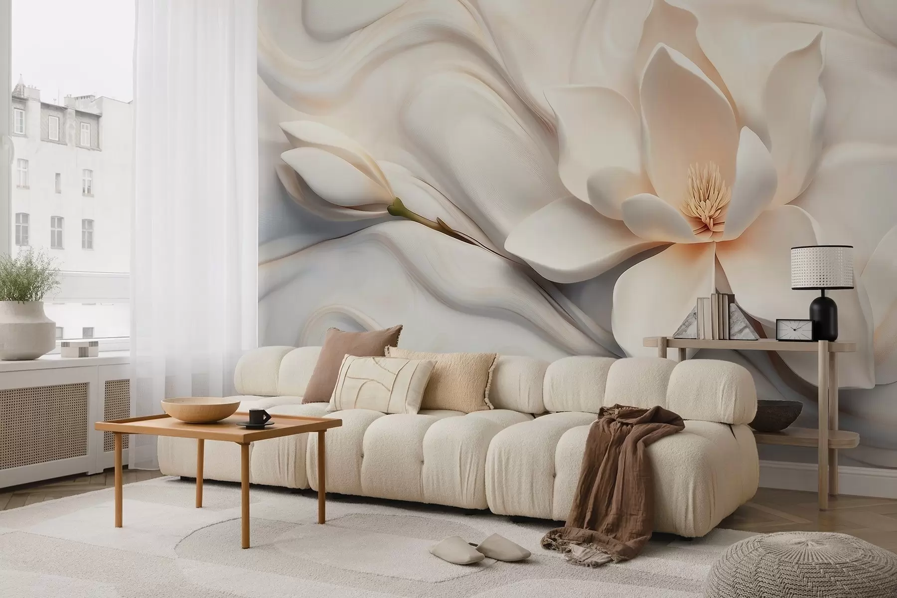 Wall Mural Photo Wallpaper Three-dimensional white magnolia with marble texture imitation in relief w09729