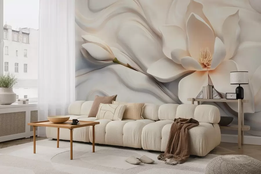 Wall Mural Photo Wallpaper Three-dimensional white magnolia with marble texture imitation in relief w09729