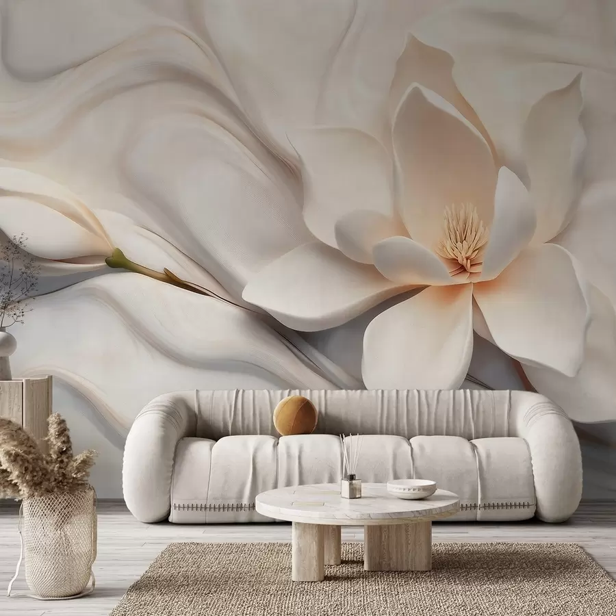 Wall Mural Photo Wallpaper Three-dimensional white magnolia with marble texture imitation in relief w09729
