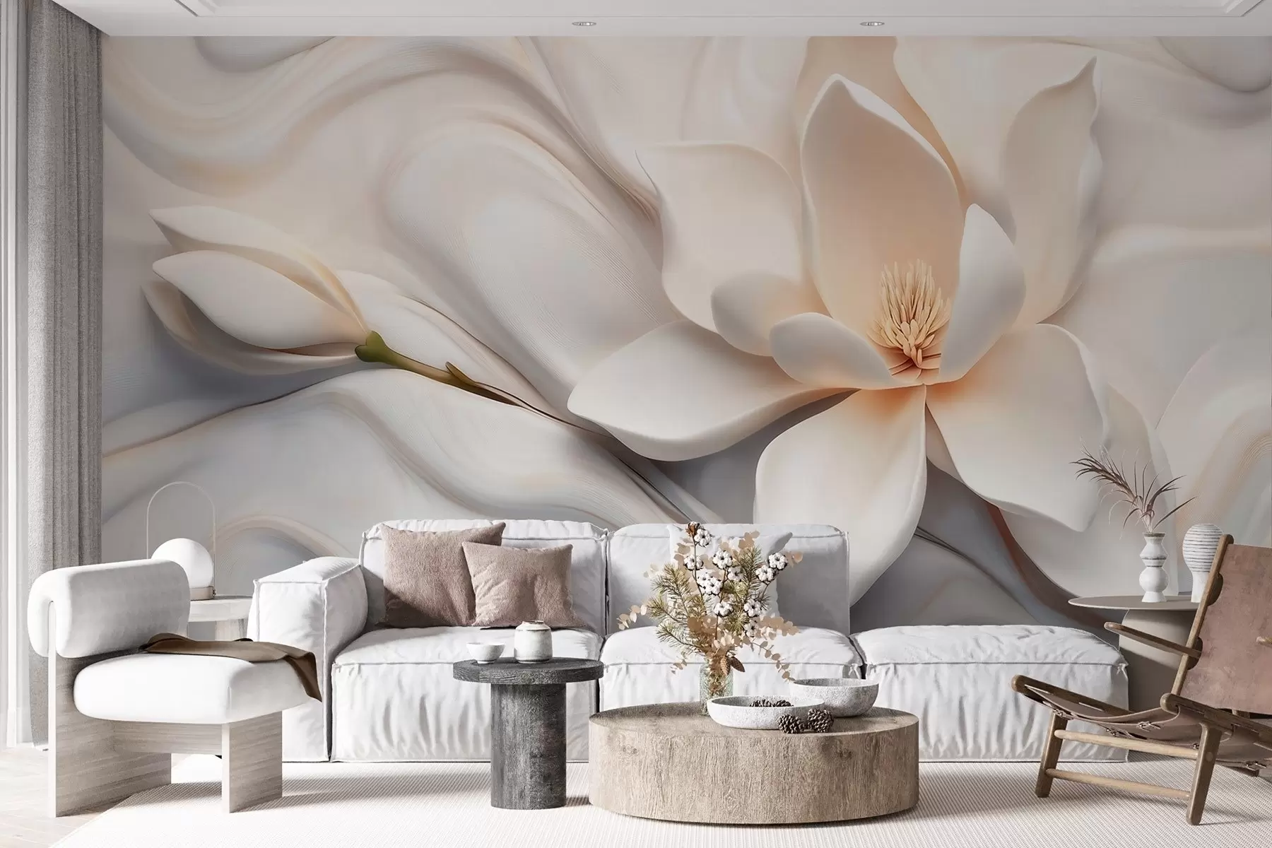 murales Magnolia blanca tridimensional con imitación de textura de mármol en relieve. w09729