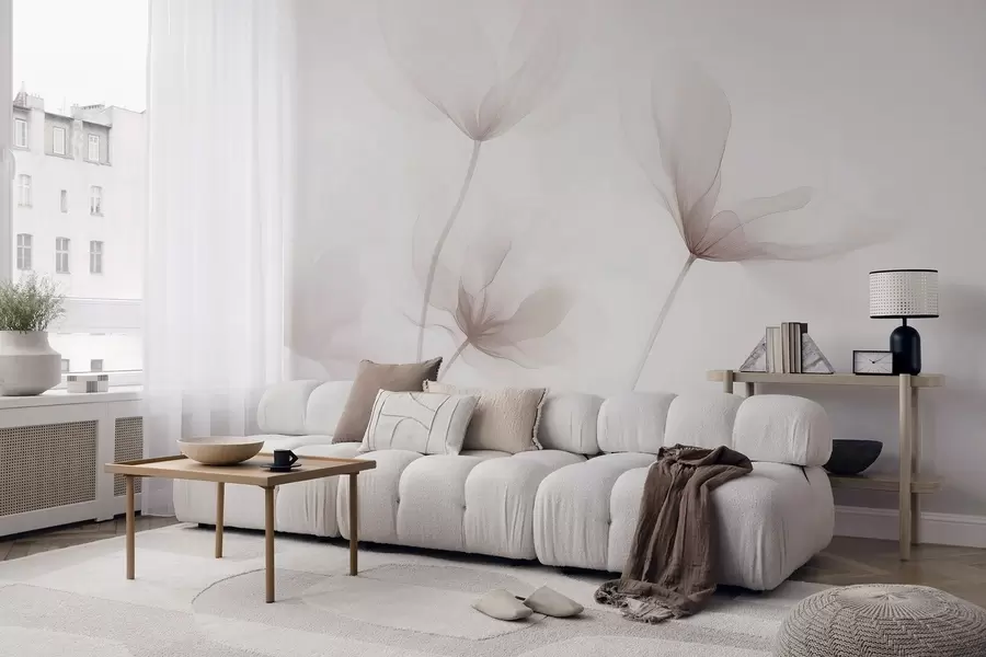 Wall Mural Photo Wallpaper Airy beige flowers in minimalist light style w09734