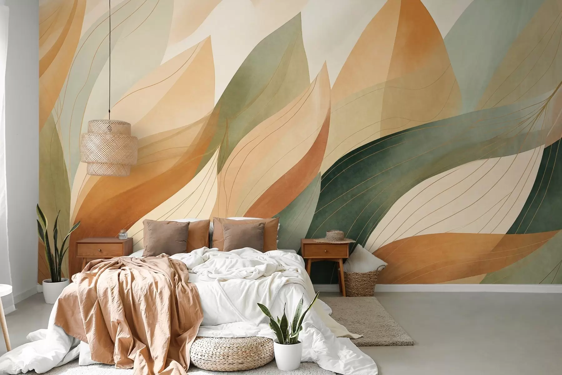 Wall Mural Photo Wallpaper Abstract leaves, muted earth tones of green, orange with delicate line details , soft watercolor texture w09736