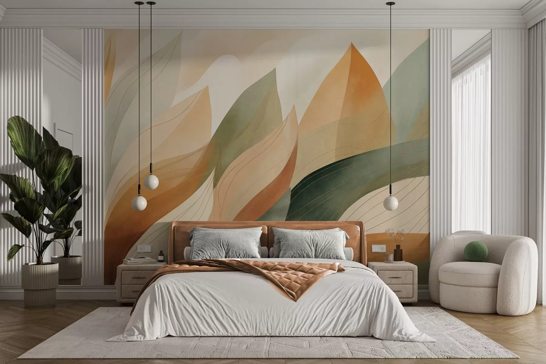 murales Hojas abstractas, tonos tierra apagados de verde y naranja con delicados detalles lineales, textura suave de acuarela. w09736