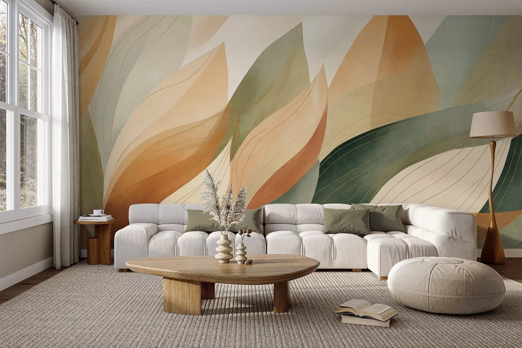 Wall Mural Photo Wallpaper Abstract leaves, muted earth tones of green, orange with delicate line details , soft watercolor texture w09736