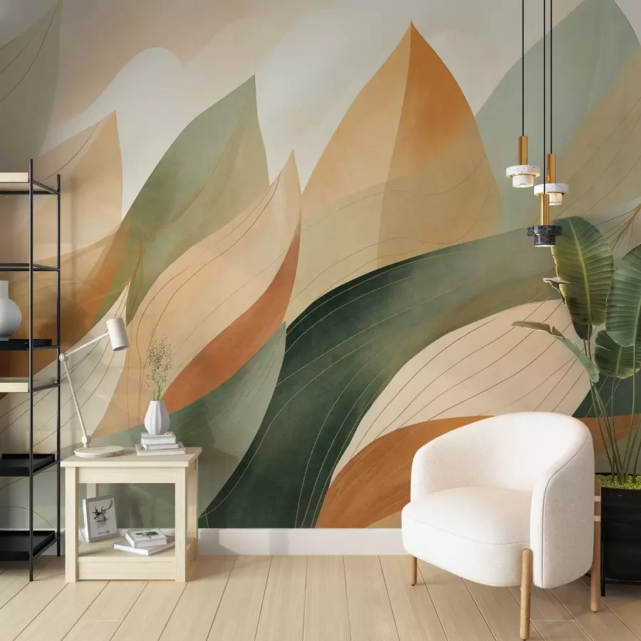 Wall Mural Photo Wallpaper Abstract leaves, muted earth tones of green, orange with delicate line details , soft watercolor texture w09736