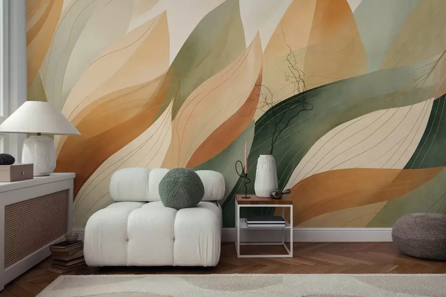 murales Hojas abstractas, tonos tierra apagados de verde y naranja con delicados detalles lineales, textura suave de acuarela. w09736